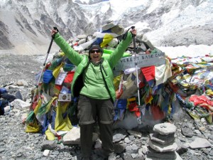 Leslie celebrating her arrival at Everest Base Camp