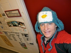 TA modelling her penguin toque