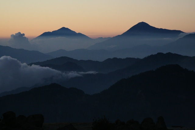Agua and Fuego at Sunrise from Santa Maria