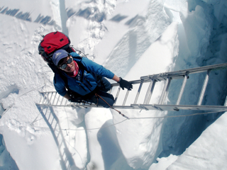 TA on Ladder on Khumbu Icefall